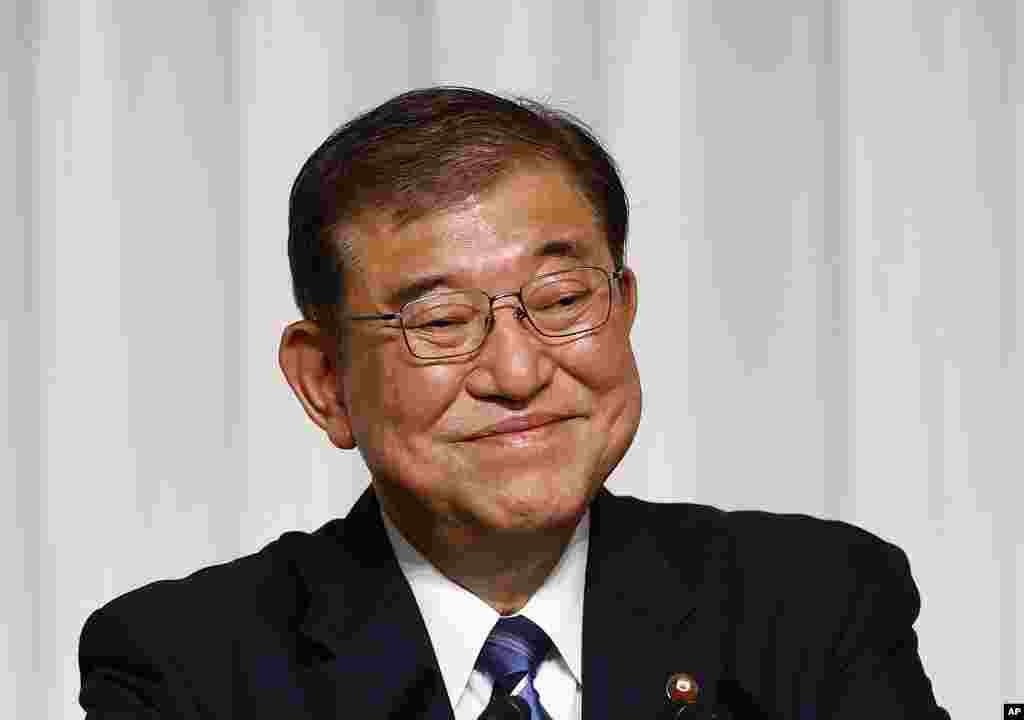 Shigeru Ishiba, the newly elected leader of Japan's ruling party, the Liberal Democratic Party (LDP), holds a press conference after the LDP leadership election, in Tokyo.