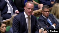 英國外交大臣拉布在議會講話。（資料圖片）
