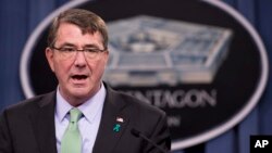Defense Secretary Ash Carter, at a Pentagon news conference, discusses the Defense Department's annual report on sexual assault in the military, May 1, 2015.
