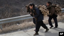 In this Feb. 19, 2016, photo, North Korean women carry firewood as they walk along a highway in Sinpyong county in North Hwanghae province, North Korea. 
