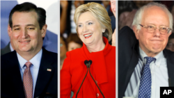 Ted Cruz, Hillary Clinton et Bernie Sanders, le 1er février 2016 en Iowa.