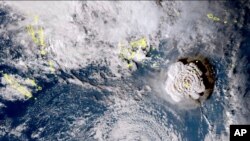 Satelitski snimak erupcije podvodnog vulkana u blizini pacifičke države Tonga, koji je napravio meteorološki japanski satelit Himavari-8, 15. januara 2022.