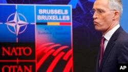 NATO Secretary-General Jens Stoltenberg arrives for a media conference ahead of a NATO summit at NATO headquarters in Brussels, March 23, 2022.