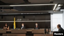 Conferencia de prensa de la Jurisdicción Especial para la Paz (JEP) sobre el reclutamiento de niños durante las casi seis décadas de conflicto interno del país, en Bogotá, Colombia, el 10 de agosto de 2021.