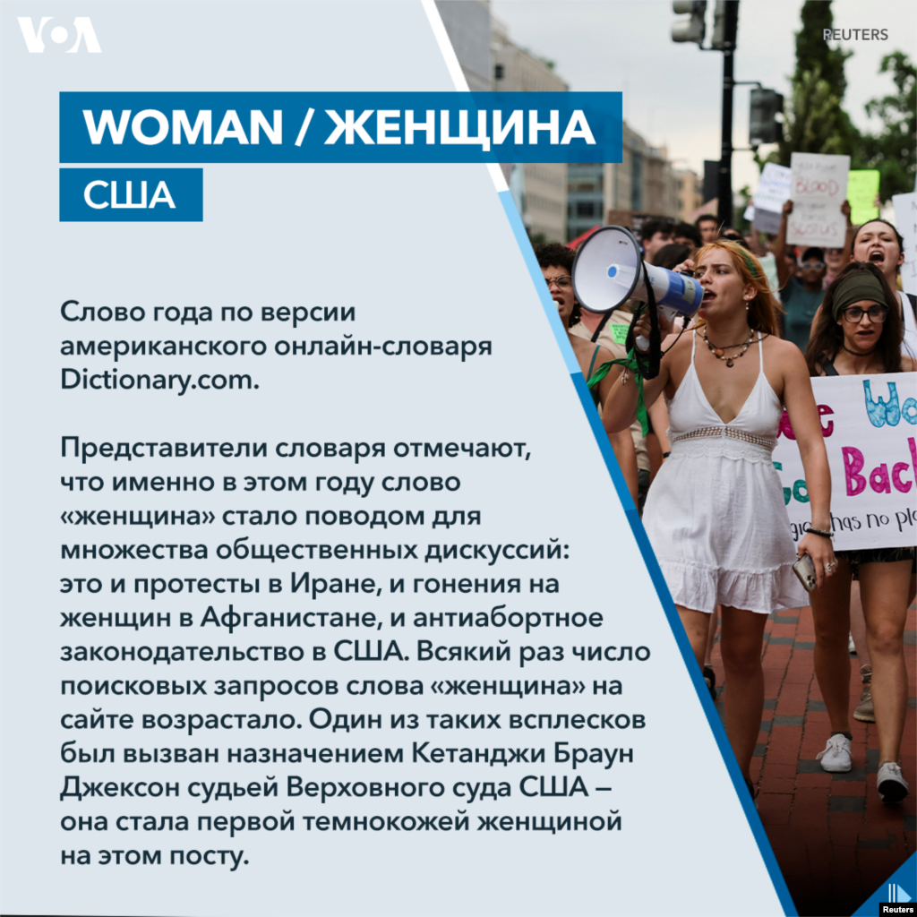 Представители словаря отмечают, что именно в этом году слово «женщина» стало поводом для множества общественных дискуссий: это и протесты в Иране, и гонения на женщин в Афганистане, и антиабортное законодательство в США. Всякий раз число поисковых запросов слова «женщина» на сайте возрастало. Один из таких всплесков был вызван назначением Кетанджи Браун Джексон судьей Верховного суда США — она стала первой темнокожей женщиной на этом посту. 