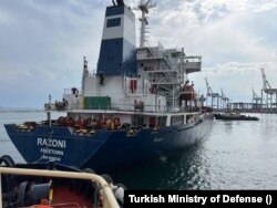 Razoni, Sierra Leone flagged dry cargo vessel currently on its way to carry the first Ukranian cargo of corn from the port of Odesa, Ukraine to Beirut, Lebanon via Istanbul, Turkey, since the start of Russia's invasion of Ukraine. Photo provided by the Tu
