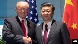 美国总统川普（左）与中国国家主席习近平在德国汉堡召开的20国集团峰会上握手。（2017年7月8日）
