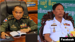 រូបឯកសារ៖ នាយ​ឧត្តមសេនីយ៍ ​ចៅ ភិរុណ ខាងឆ្វេង និងនាយ​ឧត្តមនាវី​ ទៀ វិញ ខាងស្តាំ។ (Facebook/General Department of Materials and Techniques/General Tea Vinh)