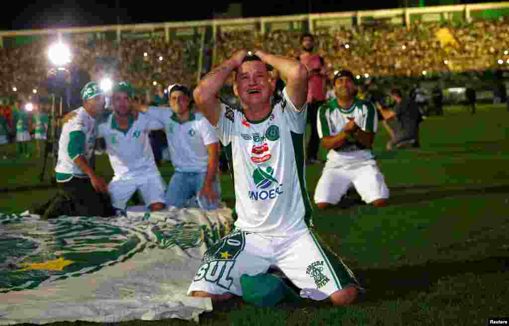 Para pendukung tim sepakbola Brazil 'Chapecoense' memberikan penghormatan di stadion Chapeco, Brazil, kepada para pemain sepakbola yang tewas akibat kecelakaan pesawat di Medellin, Kolombia.