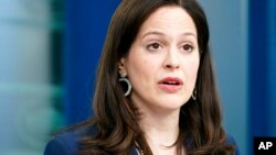 FILE - Anne Neuberger, deputy national security adviser for cyber and emerging technology, speaks during a press briefing at the White House, March 21, 2022, in Washington. 