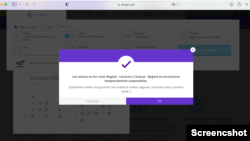 Captura de pantalla de cómo se ve el sitio web de la aerolínea colombiana Wingo cuando se intenta adquirir un boleto, el 25 de septiembre de 2022.