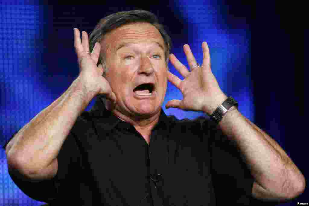 Robin Williams gestures during a panel discussion for his HBO show "Robin Williams: Weapons of Self-Destruction" at the Television Critics Association Cable summer press tour in Pasadena, California, July 30, 2009.