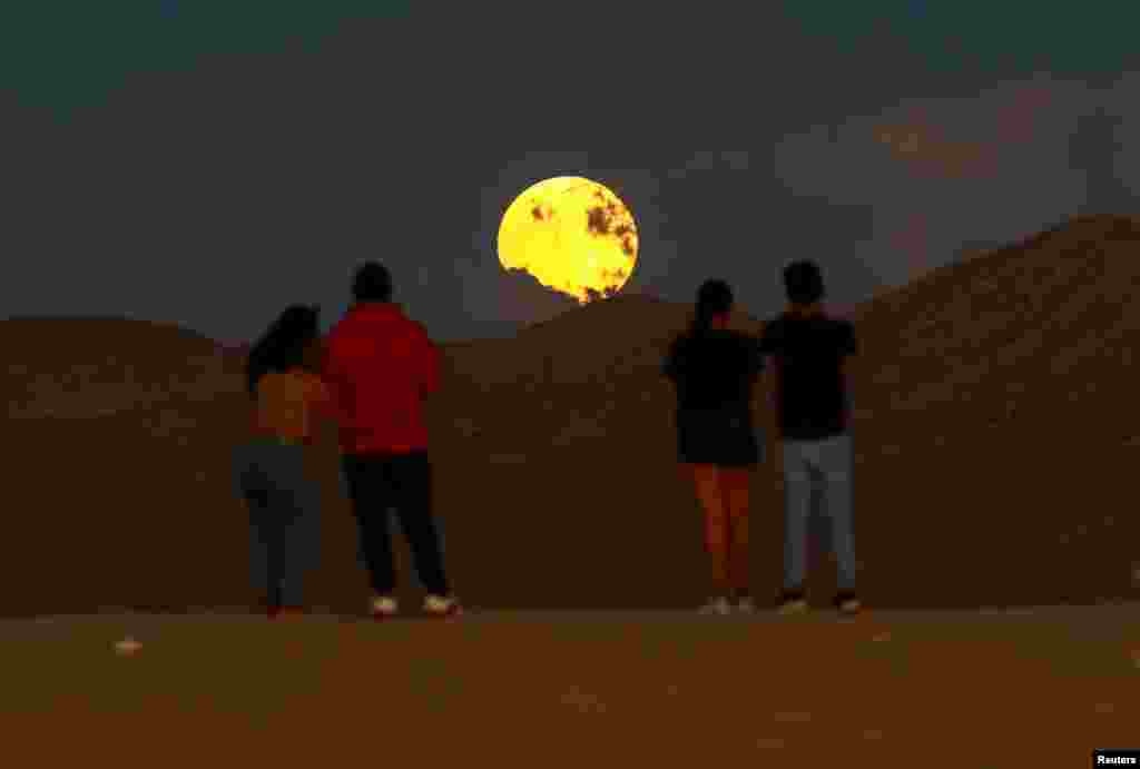 Personas observan la salida de la luna llena antes del eclipse lunar en las Dunas de Samalayuca, en las afueras de Ciudad Juárez, México, el 17 de septiembre de 2024. 