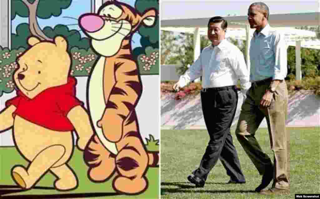 2017年网上拼图:左图:著名动画形象小熊维尼和它的朋友“跳跳虎”;右图:2013年6月8日,美国总统奥巴马和中国主席习近平在加州的庄园并肩而行(来自路透社图片)。有网民认为照片中的两位领导人就像小熊维尼和“跳跳虎”,于是把两张图拼在一起,又用小熊维尼代指中国领导人习近平。7月15日,有新浪微博用户关于小熊维尼的博文被删,“小熊维尼”“维尼熊”等词成了敏感词。同时腾讯微信也将小熊维尼的表情包下架。