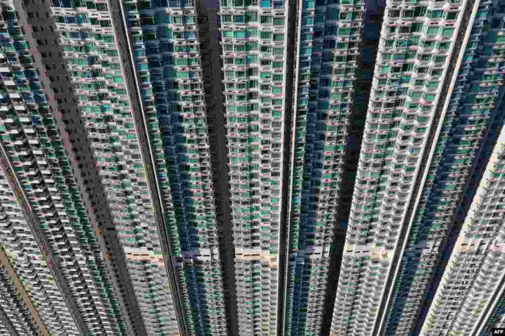 This aerial photo taken on Oct.14, 2024 shows apartment blocks in Tung Chung on Lantau Island in Hong Kong.