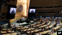 President of South Africa Cyril Ramaphosa speaks via video link during the 76th Session of the U.N. General Assembly at United Nations headquarters in New York, Sept. 23, 2021. (Spencer Platt/Pool Photo via AP)