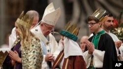 Pope Francis celebrates a new year's Mass in St. Peter's Basilica at the Vatican, Jan. 1, 2017.