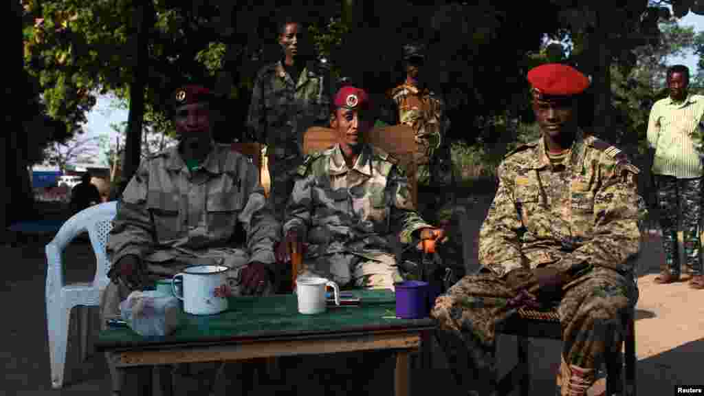 Ex-Seleka rebel soldiers are pictured at their base in Bossangoa, north of Bangui, Jan. 2, 2014.