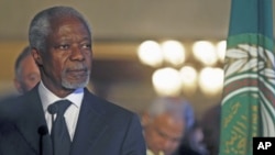 Kofi Annan, the UN-Arab League Special Envoy on Syria, attends a news conference with Arab League Secretary-General Nabil Al Araby [not shown] at the Arab League headquarters in Cairo, Egypt, March 8, 2012.