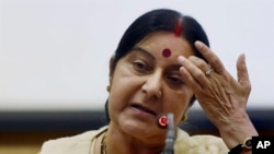 FILE - Indian External Affairs Minister Sushma Swaraj addresses a press conference in New Delhi, India, June 19, 2016.