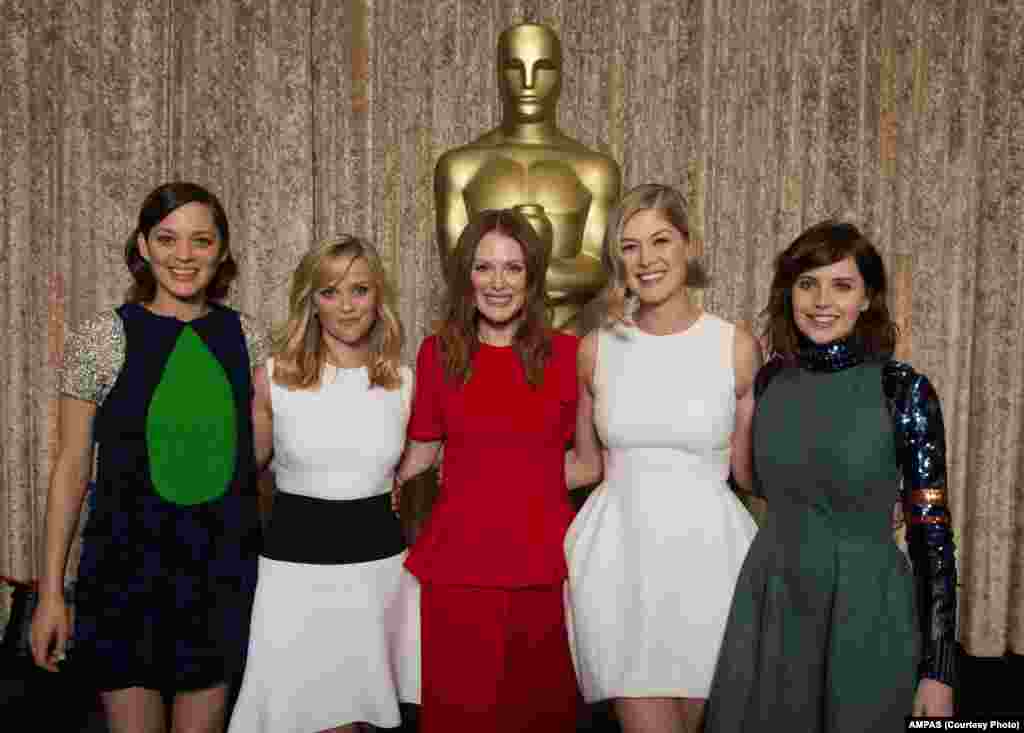 From Left to Right: Oscar® nominees for Actress in a Leading Role, Marion Cotillard, Reese Witherspoon, Julianne Moore, Rosamund Pike and Felicity Jones at the Oscar® Nominees Luncheon in Beverly Hills, Feb. 2, 2015.