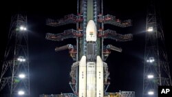 This July 2019, photo released by the Indian Space Research Organization (ISRO) shows its Geosynchronous Satellite Launch Vehicle (GSLV) MkIII-M1 at its launch pad in Sriharikota, an island off India's south-eastern coast.