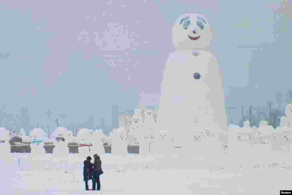 中国哈尔滨的国际冰雪雕塑节期间，大小雪人雪狗列队，一览游客小（2018年1月8日）