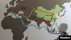 This map shows China's Belt and Road Initiative at the Asian Financial Forum in Hong Kong, Jan. 18, 2016. China hopes the development project will increase it's influence in the Middle East.