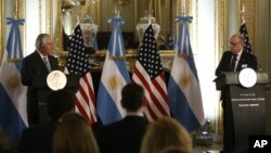 U.S. Secretary of State Rex Tillerson, left, and Argentine Foreign Minister Jorge Faurie give a news conference at the Foreign Ministry in Buenos Aires, Argentina, Feb. 4, 2018.