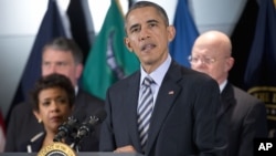 President Barack Obama speak at the National Counterterrorism Center in McLean, Virginia, Dec. 17, 2015.