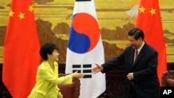 韩国总统朴槿惠（左）与中国国家主席习近平在北京人民大会堂握手。（2013年6月27日资料照）