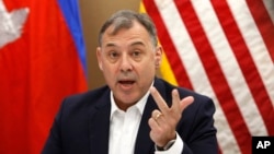 U.S. Ambassador to Cambodia William Heidt gives a press conference at the U.S. Embassy, in Phnom Penh, Cambodia, Sept. 12, 2017