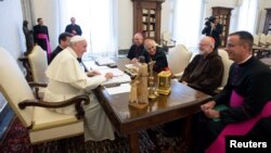 Pope Francis meets U.S. Catholic Church leaders Cardinal Daniel DiNardo, Archbishop of Galveston-Houston, Archbishop of Los Angeles Jose Horacio Gomez, Cardinal Sean Patrick O'Malley, Archbishop of Boston, and Monsignor Brian Bransfield, General Secretary of the United States Conference of Catholic Bishops, during a private audience at the Vatican, Sept. 13, 2018. 