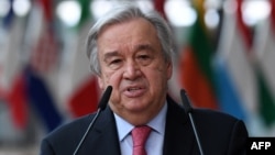 FILE - U.N. Secretary-General Antonio Guterres addresses media representatives in Brussels, June 24, 2021.