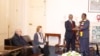 Former U.N. secretary general Kofi Annan with President Emmerson Mnangagwa at the State House in Harare while fellow members of “The Elders” group Mary Robinson, the former president of Ireland, and Lakhdar Brahimi, an Algerian career diplomat look on, July 20, 2018. (S. Mhofu/VOA)
