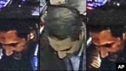 Image provided by the Belgian Federal Police on March 21, 2016, is a combo photograph showing Najim Laachraoui, who was previously identified in a false passport as Soufiane Kayal by Belgium Federal Police, during a money transfer on Nov. 17, 2015 in a We