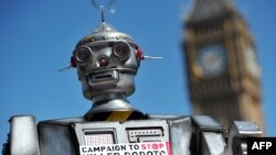 FILE - The mock killer robot was displayed in London in April 2013 during the launching of the Campaign to Stop Killer Robots, which calls for the ban of lethal robot weapons that would be able to select and attack targets without any human intervention.
