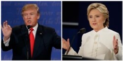 FILE - Republican Donald Trump and Democrat Hillary Clinton take part in the third and final presidential debate, held at the University of Nevada, Las Vegas, Oct. 19, 2016.