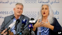 Marc and Debra Tice, the parents of Austin Tice, who went missing in Syria in 2012, speak during a press conference, at the Press Club, in Beirut, Lebanon, July 20, 2017.