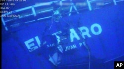 This undated image made from a video and released, April 26, 2016, by the National Transportation Safety Board shows the stern of the sunken ship El Faro.