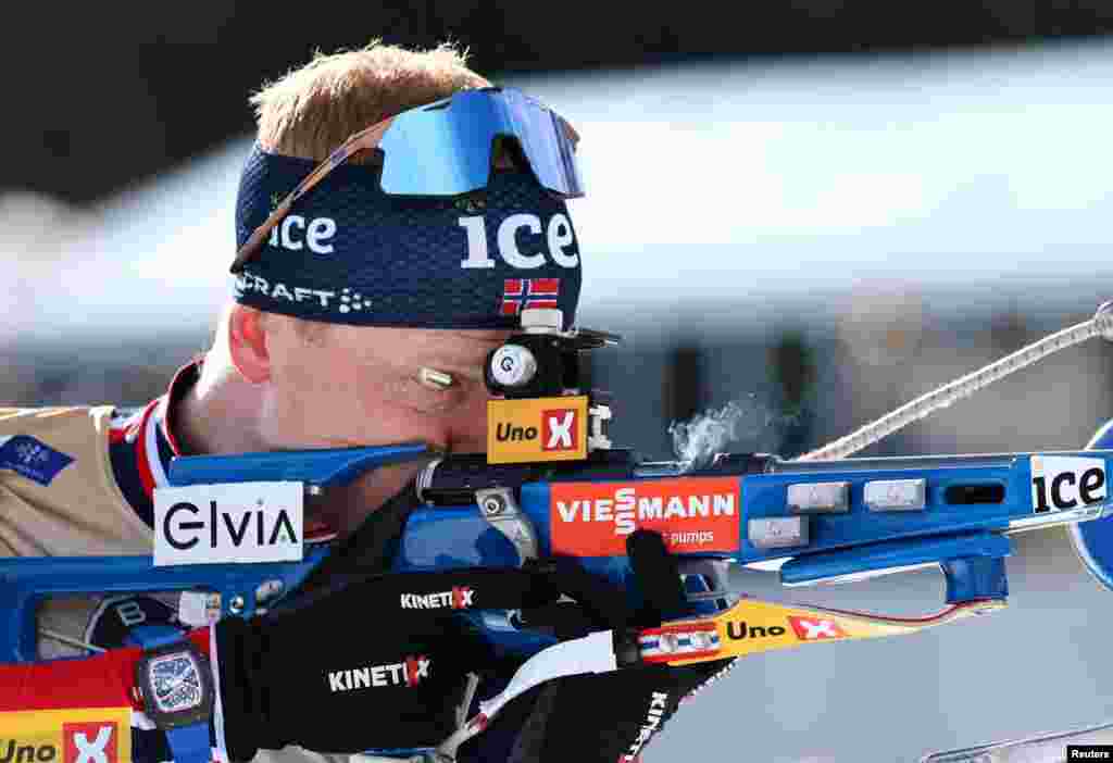 Norway's Johannes Thingnes Boe practices before the men 12.5km pursuit during the Biathlon World Championships in Lenzerheide in Switzerland.