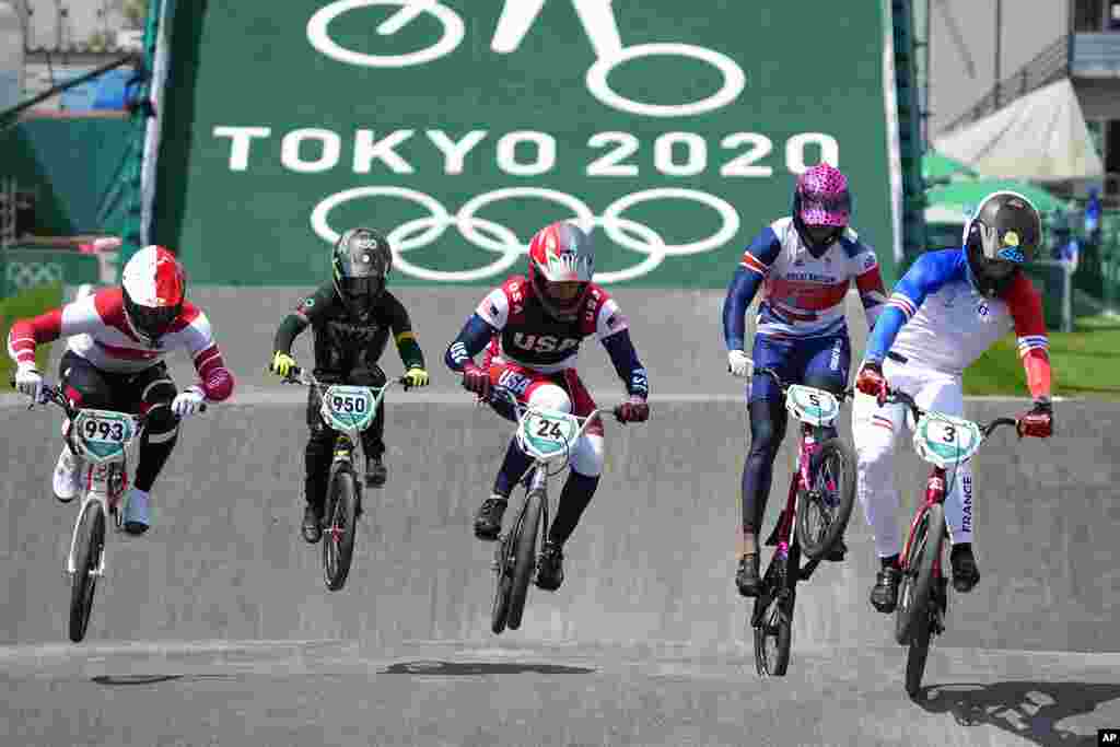 Alex Limberg of South Africa competes in the men's BMX Racing quarterfinals at the 2020 Summer Olympics, Thursday, July 29, 2021, in Tokyo, Japan. (AP Photo/Ben Curtis)