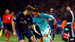 Le PSG contre le Barça lors du match remporté par Paris, au parc des Princes, le 14 février 2017.