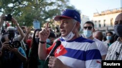 Cuba's President Miguel Diaz Canel speaks during a pro-government rally in Havana, Cuba, November 29, 2020. REUTERS/Alexandre Meneghini