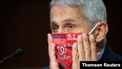 El doctor Anthony Fauci, director del Instituto de Alergias y Enfermedades Infecciosas de EE.UU., usa una mascarilla con el logo de los Nacionales durante una audiencia del Senado en Washington, el 20 de junio de 2020.