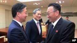 朝鲜统一部部长金养建（右）在板门店举行会谈之后与韩国统一部长官洪容杓交谈。（2015年8月25日）