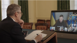 In this photo taken from video on March 15, 2025, British Prime Minister Keir Starmer participates from London in a virtual meeting with a group of European, Australian, New Zealand and Canadian leaders. They discussed the proposed ceasefire between Russia and Ukraine.