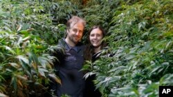 Chip and Jessica Baker pose for a photo at their marijuana nursery at Baker's Medical, Wednesday, Feb. 26, 2020, in Oklahoma City.