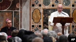 Pope Francis speaks during an audience with diplomats accredited to the Holy See for the traditional exchange of New Year greetings, at the Vatican, Jan. 9, 2017.