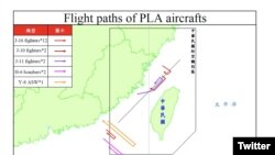 台灣空軍2020年9月19日發布中國解放軍在台灣附近空域活動路徑圖(台灣國防部推特）